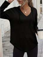 Waffle Knit Hoodie V-Neck Long Sleeve Women's Drawstring Pullover Top – Casual, Everyday
