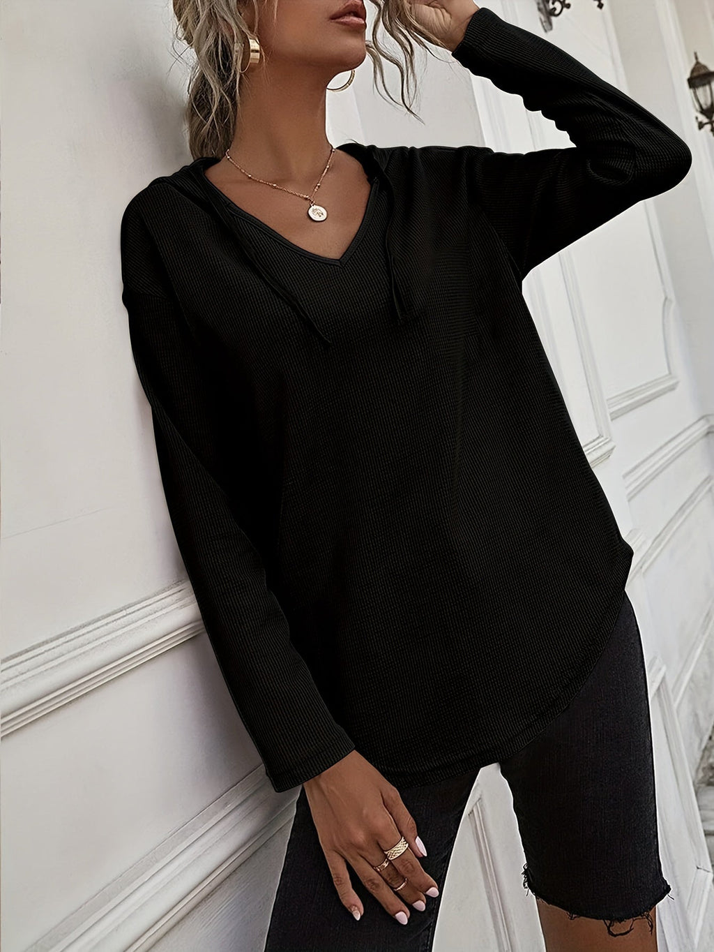 Waffle Knit Hoodie V-Neck Long Sleeve Women's Drawstring Pullover Top – Casual, Everyday
