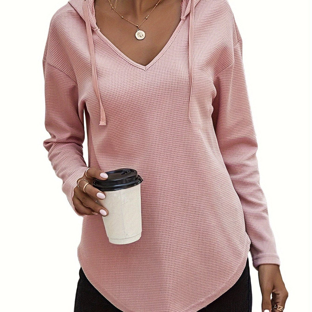 Waffle Knit Hoodie V-Neck Long Sleeve Women's Drawstring Pullover Top – Casual, Everyday