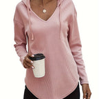 Waffle Knit Hoodie V-Neck Long Sleeve Women's Drawstring Pullover Top – Casual, Everyday