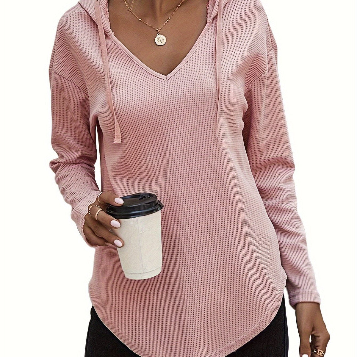 Waffle Knit Hoodie V-Neck Long Sleeve Women's Drawstring Pullover Top – Casual, Everyday