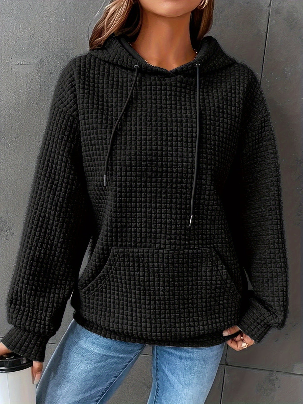 Waffle Knit Hoodie Women's Drawstring Kangaroo Pocket Textured Pullover – Casual, Everyday