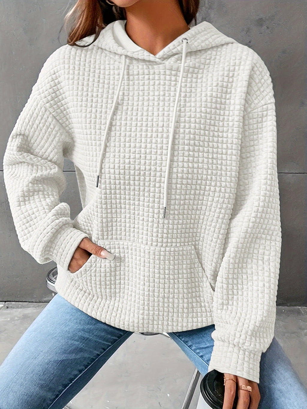 Waffle Knit Hoodie Women's Drawstring Kangaroo Pocket Textured Pullover – Casual, Everyday