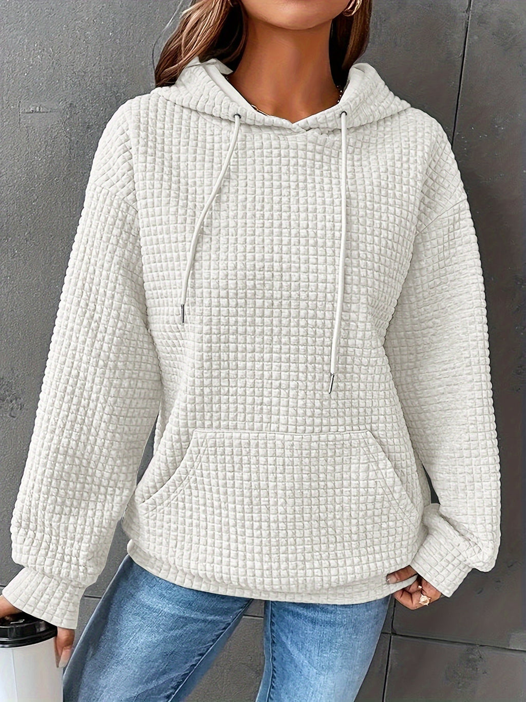 Waffle Knit Hoodie Women's Drawstring Kangaroo Pocket Textured Pullover – Casual, Everyday