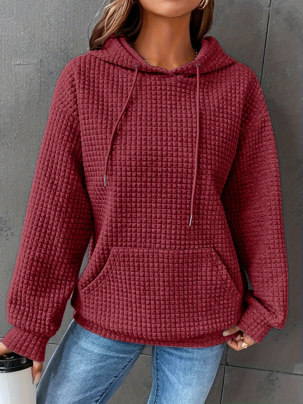 Waffle Knit Hoodie Women's Drawstring Kangaroo Pocket Textured Pullover – Casual, Everyday