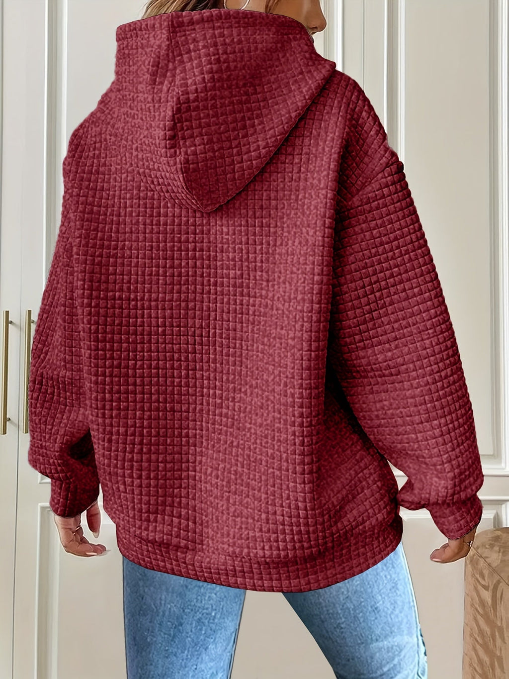 Waffle Knit Hoodie Women's Drawstring Kangaroo Pocket Textured Pullover – Casual, Everyday