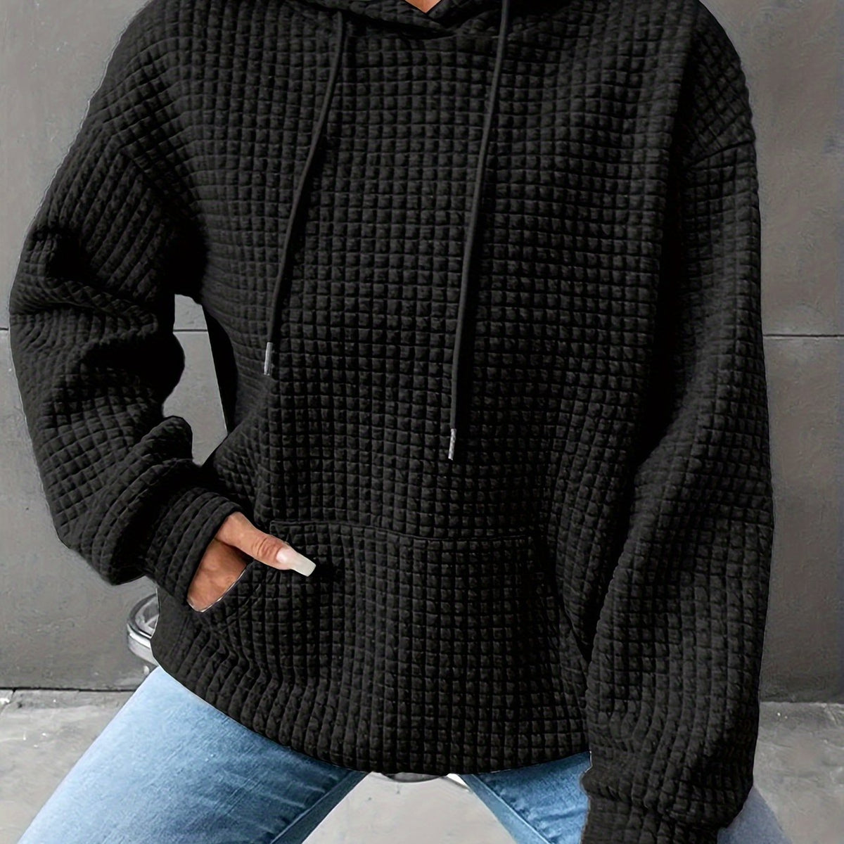 Waffle Knit Hoodie Women's Drawstring Kangaroo Pocket Textured Pullover – Casual, Everyday