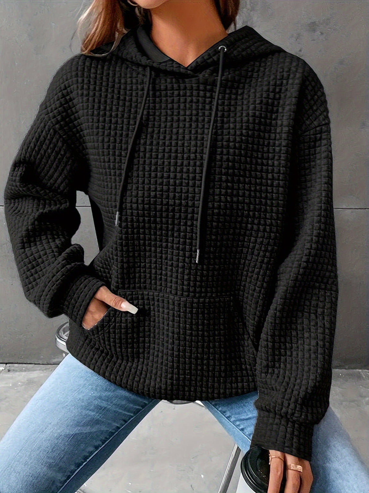 Waffle Knit Hoodie Women's Drawstring Kangaroo Pocket Textured Pullover – Casual, Everyday