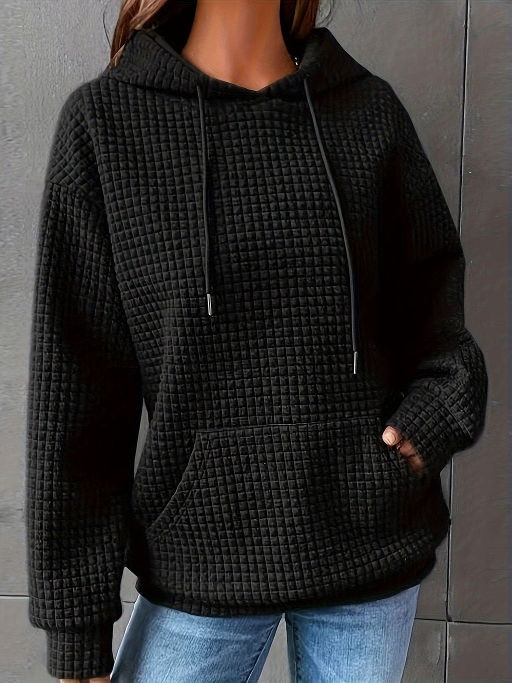 Waffle Knit Hoodie Women's Drawstring Kangaroo Pocket Textured Pullover – Casual, Everyday