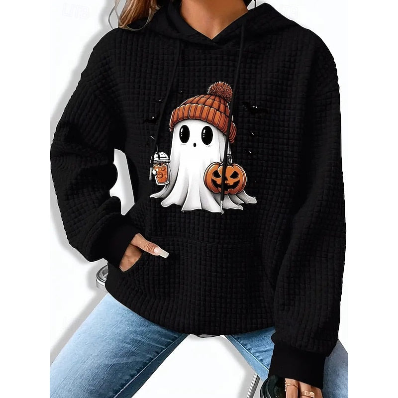 Waffle Knit Hoodie Women's Grey Halloween Ghost Pumpkin Print Pullover – Casual, Autumn, Gift