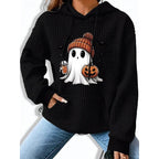 Waffle Knit Hoodie Women's Grey Halloween Ghost Pumpkin Print Pullover – Casual, Autumn, Gift