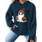 Waffle Knit Hoodie Women's Grey Halloween Ghost Pumpkin Print Pullover – Casual, Autumn, Gift