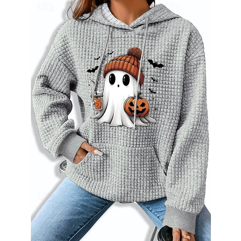 Waffle Knit Hoodie Women's Grey Halloween Ghost Pumpkin Print Pullover – Casual, Autumn, Gift