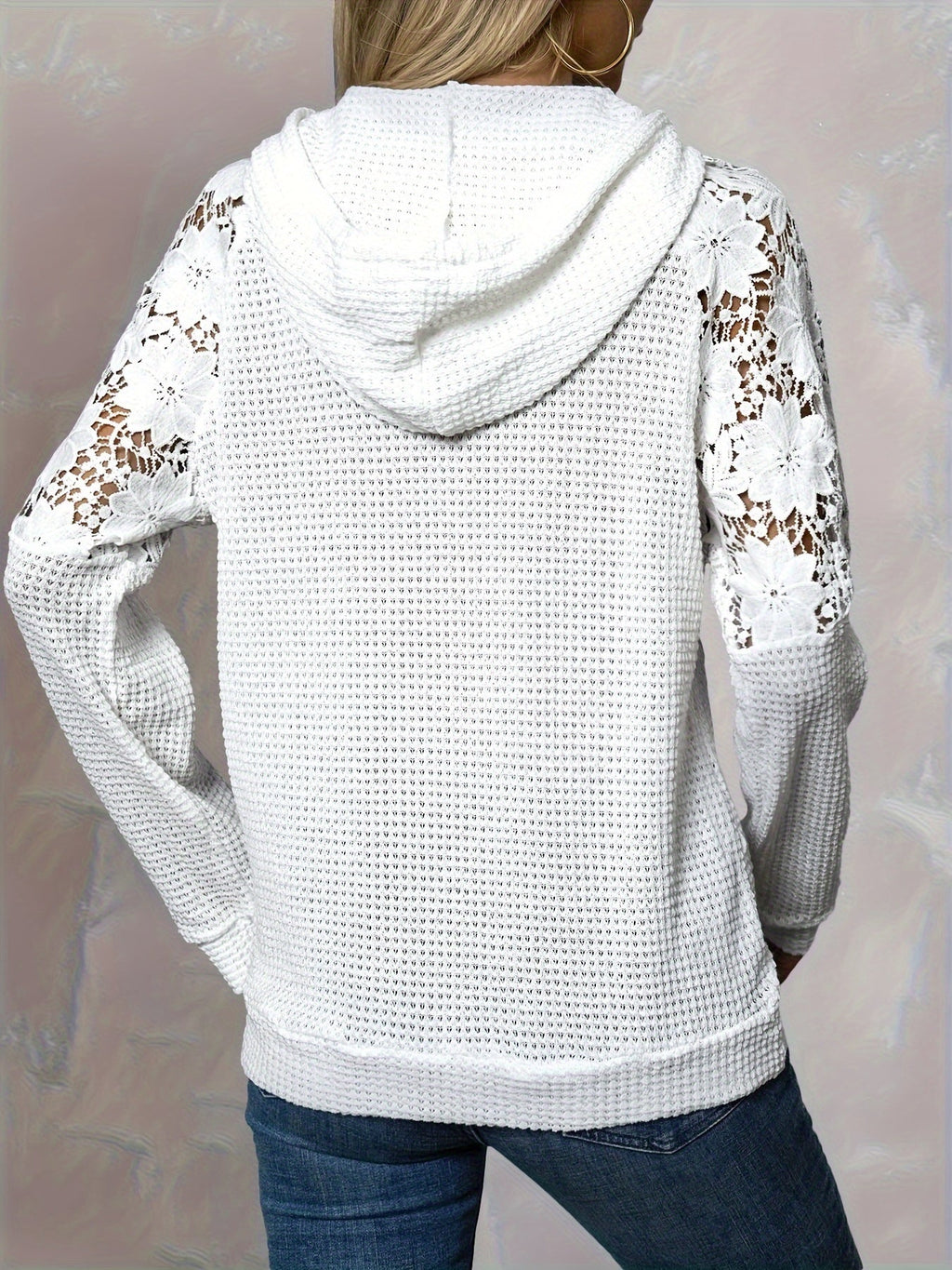 Waffle Knit Hoodie Women's White Floral Lace Trim Drawstring Pullover – Casual, Everyday