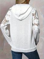 Waffle Knit Hoodie Women's White Floral Lace Trim Drawstring Pullover – Casual, Everyday