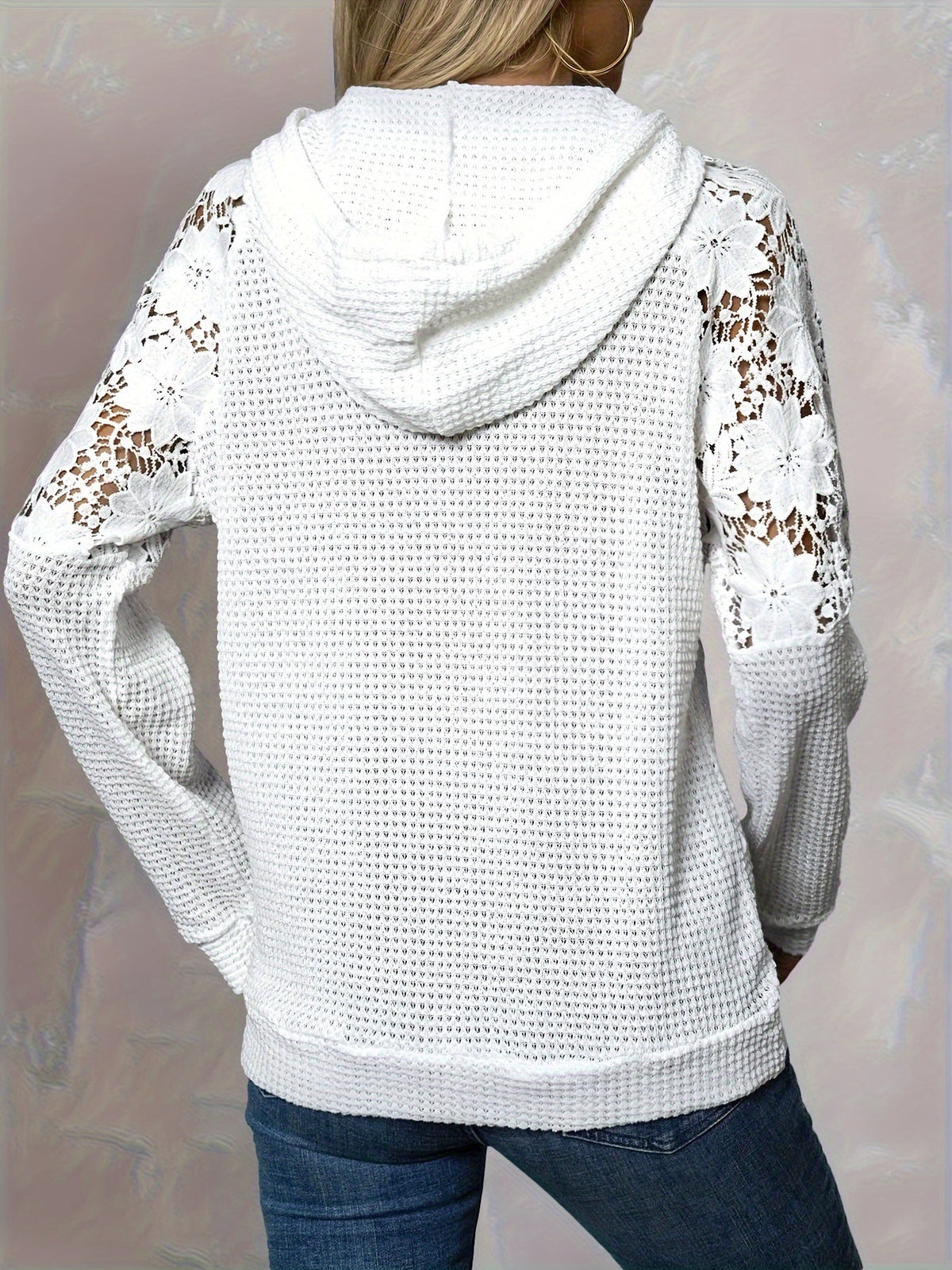 Waffle Knit Hoodie Women's White Floral Lace Trim Drawstring Pullover – Casual, Everyday