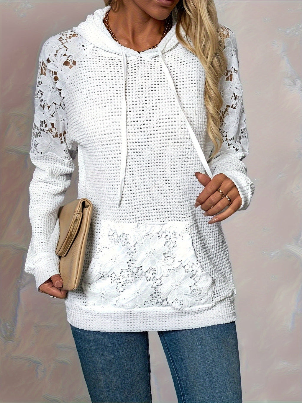 Waffle Knit Hoodie Women's White Floral Lace Trim Drawstring Pullover – Casual, Everyday