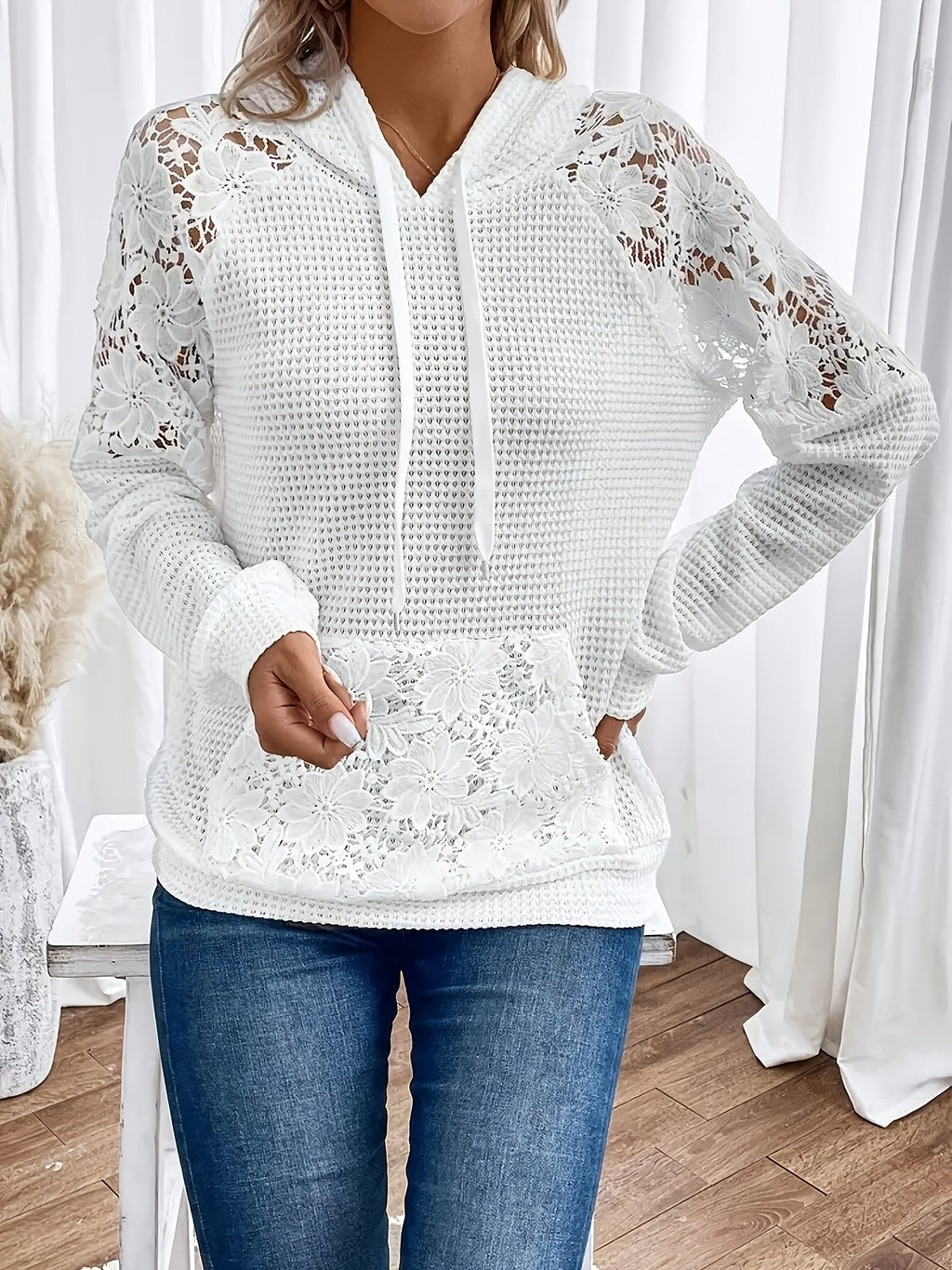 Waffle Knit Hoodie Women's White Floral Lace Trim Drawstring Pullover – Casual, Everyday