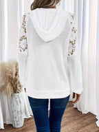 Waffle Knit Hoodie Women's White Floral Lace Trim Drawstring Pullover – Casual, Everyday