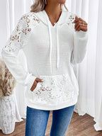 Waffle Knit Hoodie Women's White Floral Lace Trim Drawstring Pullover – Casual, Everyday