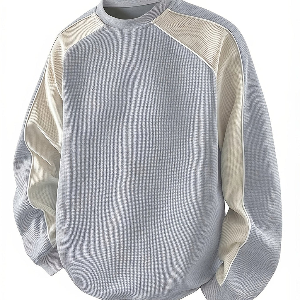 Waffle Knit Sweatshirt Colour-Block Men's Navy Crew Neck Pullover – Casual, Everyday Wear