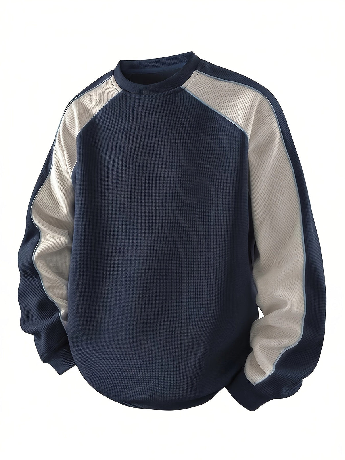 Waffle Knit Sweatshirt Colour-Block Men's Navy Crew Neck Pullover – Casual, Everyday Wear