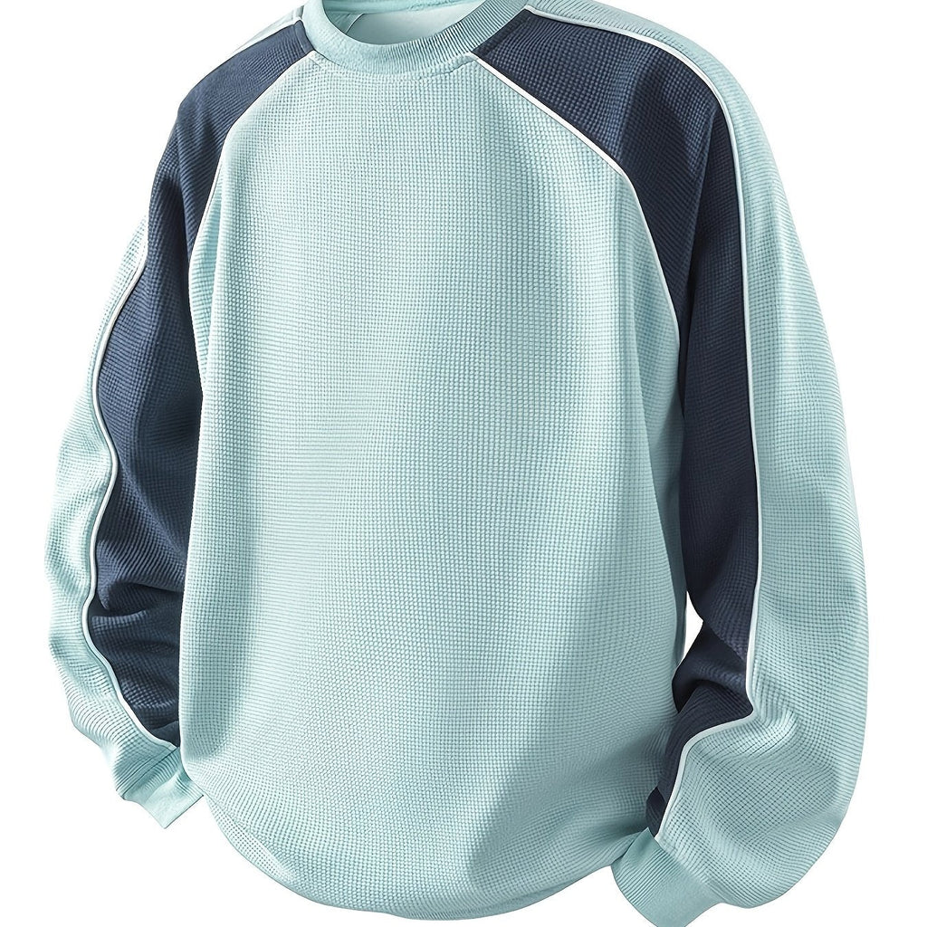 Waffle Knit Sweatshirt Colour-Block Men's Navy Crew Neck Pullover – Casual, Everyday Wear