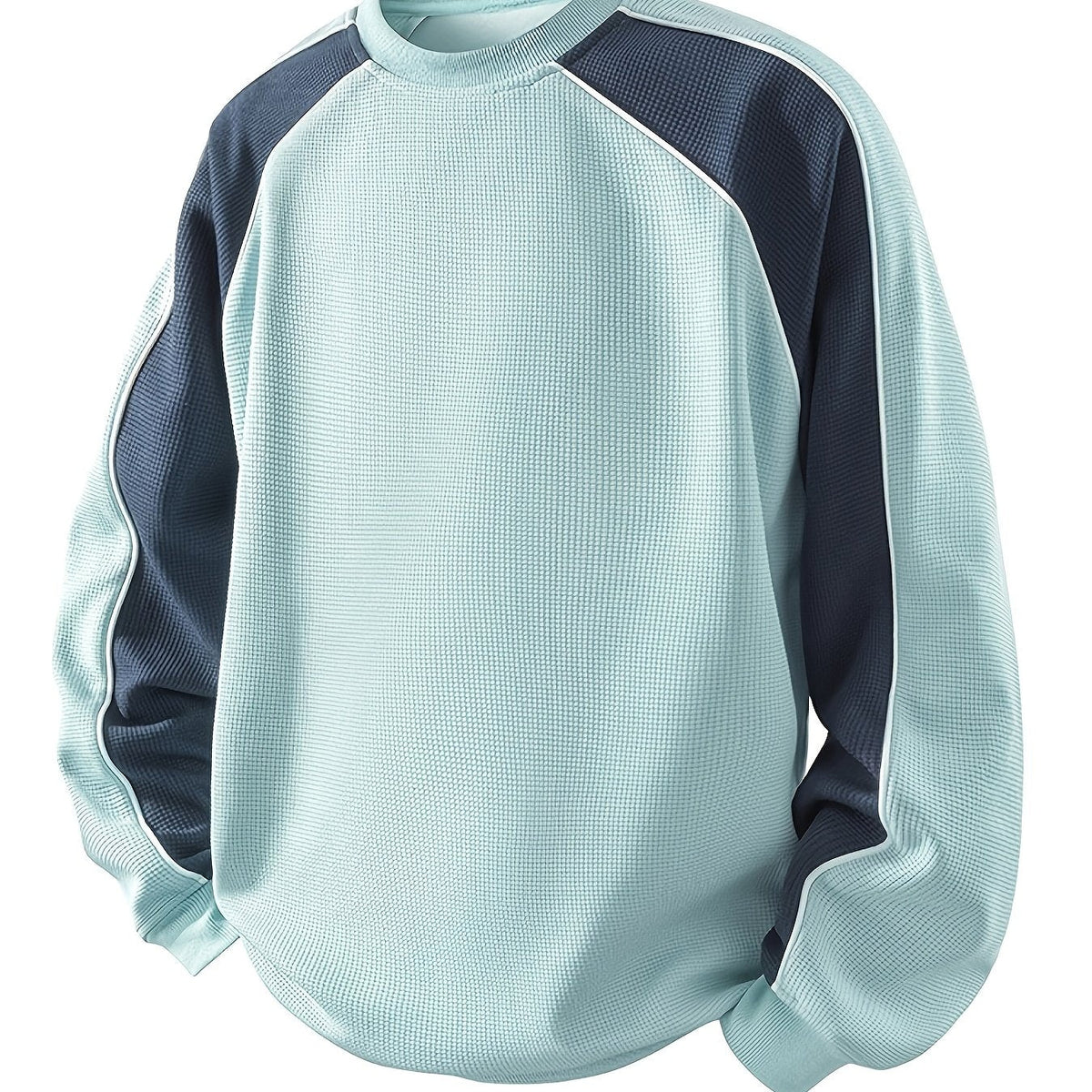 Waffle Knit Sweatshirt Colour-Block Men's Navy Crew Neck Pullover – Casual, Everyday Wear