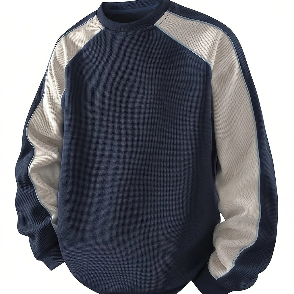 Waffle Knit Sweatshirt Colour-Block Men's Navy Crew Neck Pullover – Casual, Everyday Wear