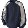 Waffle Knit Sweatshirt Colour-Block Men's Navy Crew Neck Pullover – Casual, Everyday Wear