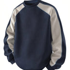 Waffle Knit Sweatshirt Colour-Block Men's Navy Crew Neck Pullover – Casual, Everyday Wear