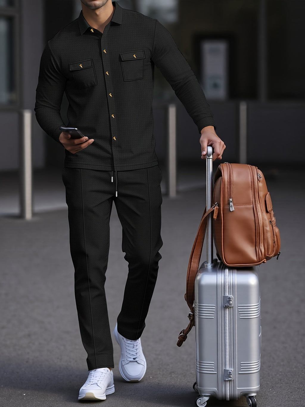 Waffle Knit Tracksuit Set Men's White Button Shirt Drawstring Trousers – Casual, Office, Holiday