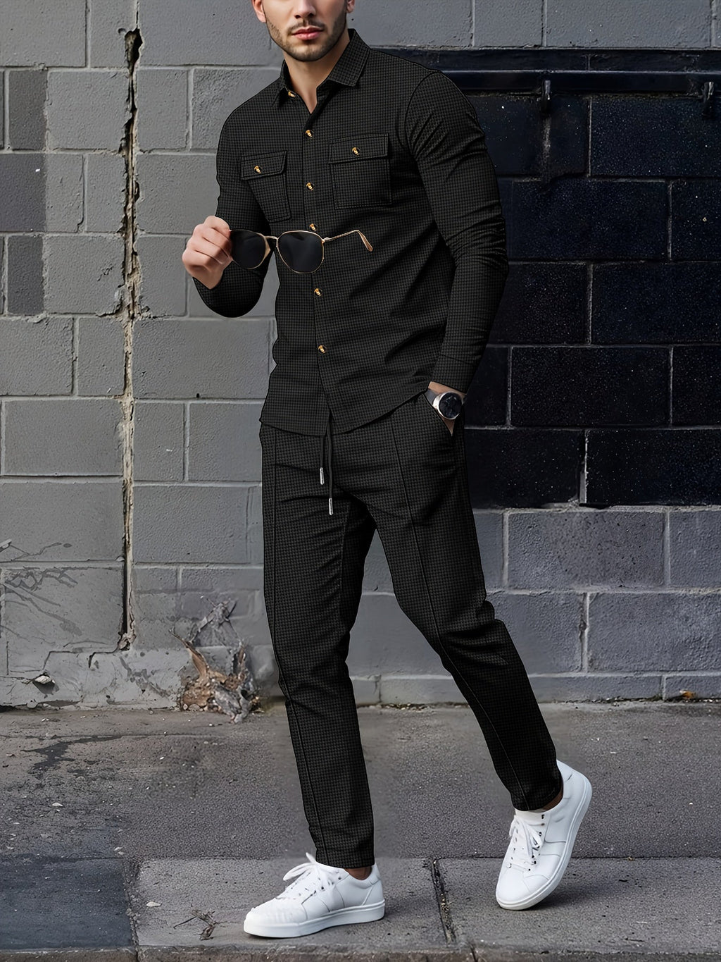 Waffle Knit Tracksuit Set Men's White Button Shirt Drawstring Trousers – Casual, Office, Holiday