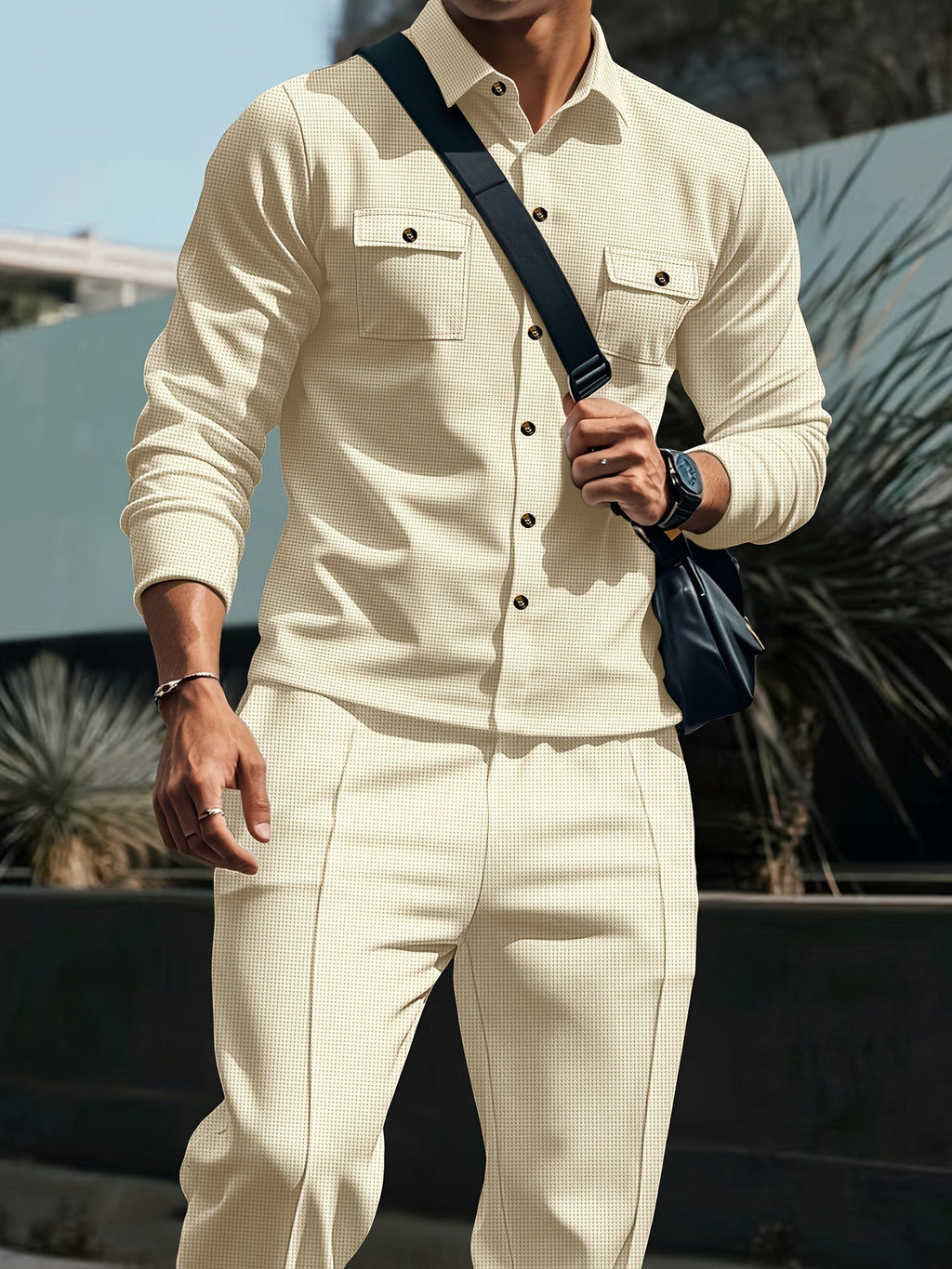 Waffle Knit Tracksuit Set Men's White Button Shirt Drawstring Trousers – Casual, Office, Holiday