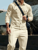 Waffle Knit Tracksuit Set Men's White Button Shirt Drawstring Trousers – Casual, Office, Holiday