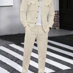 Waffle Knit Tracksuit Set Men's White Button Shirt Drawstring Trousers – Casual, Office, Holiday