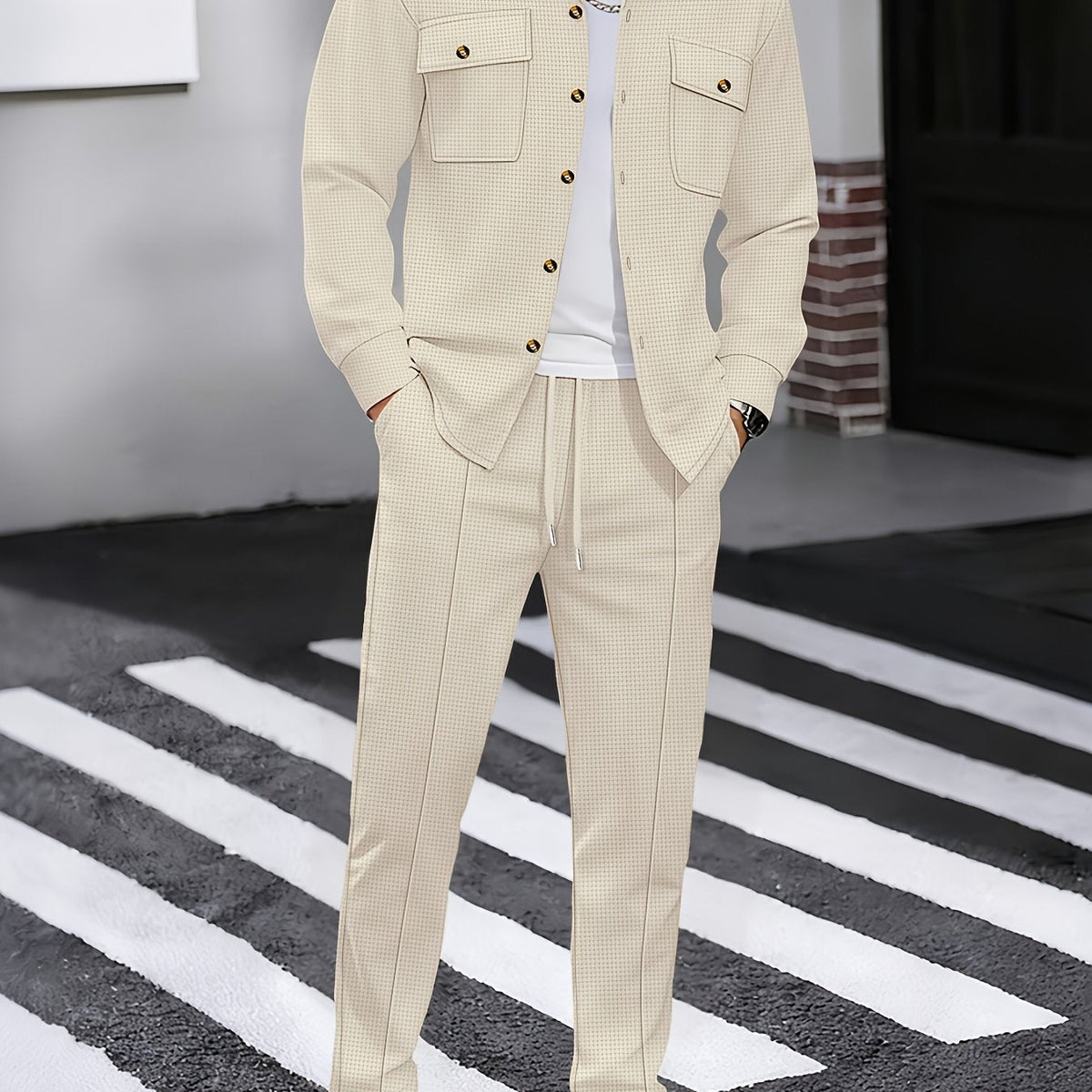 Waffle Knit Tracksuit Set Men's White Button Shirt Drawstring Trousers – Casual, Office, Holiday