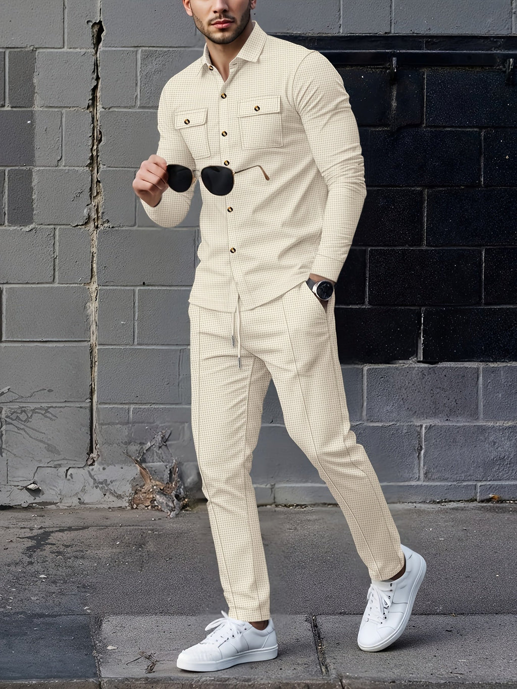 Waffle Knit Tracksuit Set Men's White Button Shirt Drawstring Trousers – Casual, Office, Holiday