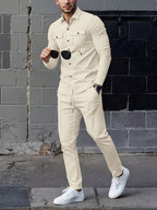 Waffle Knit Tracksuit Set Men's White Button Shirt Drawstring Trousers – Casual, Office, Holiday