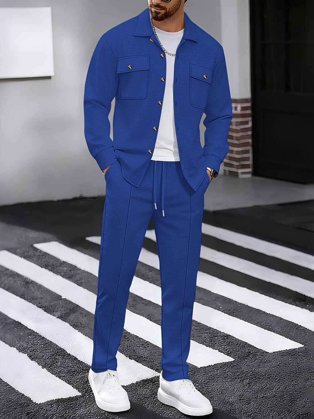Waffle Knit Tracksuit Set Men's White Button Shirt Drawstring Trousers – Casual, Office, Holiday