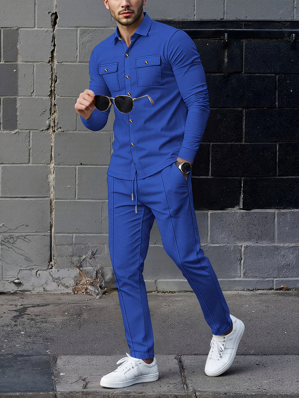 Waffle Knit Tracksuit Set Men's White Button Shirt Drawstring Trousers – Casual, Office, Holiday