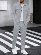 Waffle Knit Tracksuit Set Men's White Button Shirt Drawstring Trousers – Casual, Office, Holiday