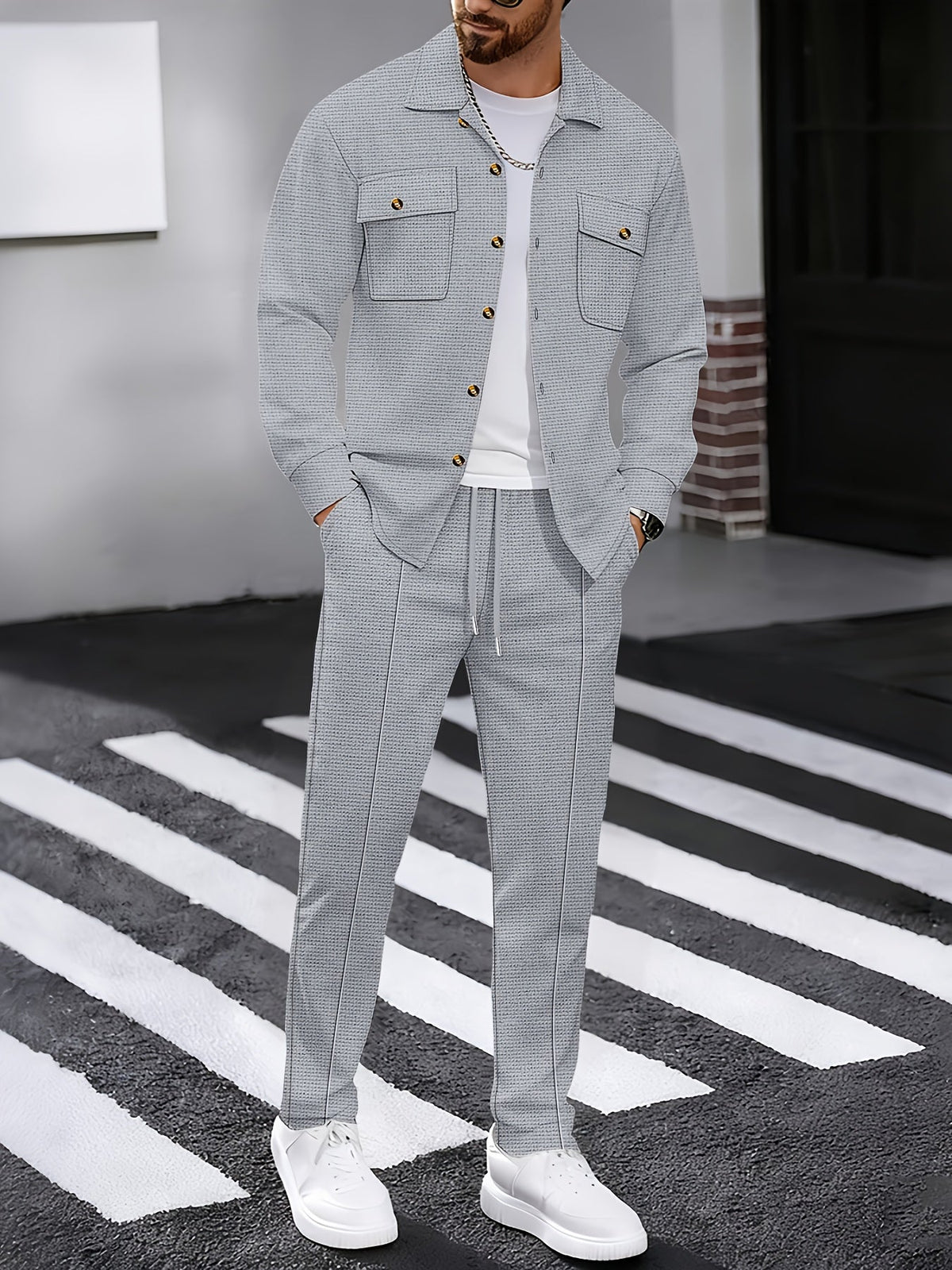 Waffle Knit Tracksuit Set Men's White Button Shirt Drawstring Trousers – Casual, Office, Holiday