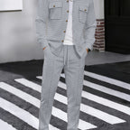 Waffle Knit Tracksuit Set Men's White Button Shirt Drawstring Trousers – Casual, Office, Holiday