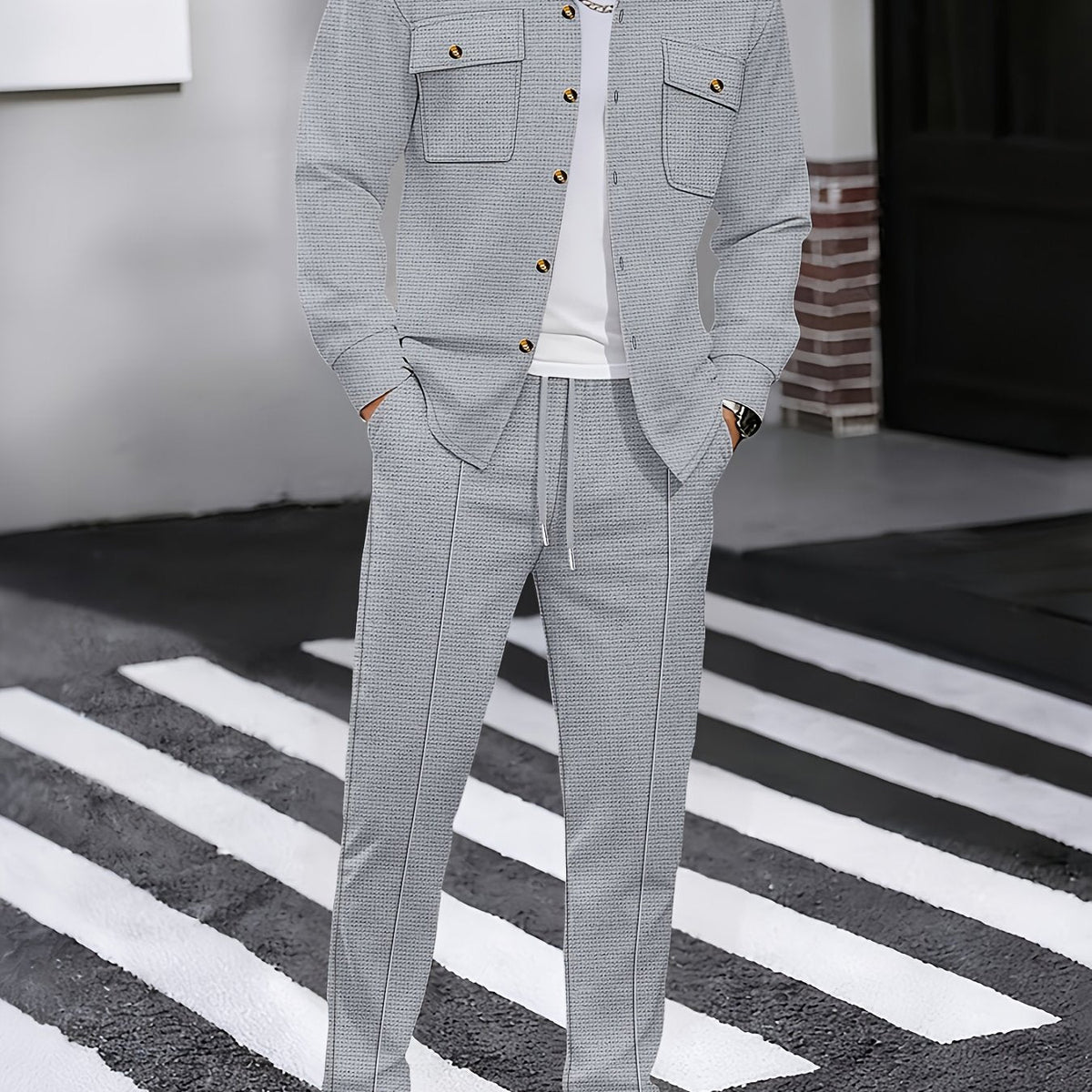 Waffle Knit Tracksuit Set Men's White Button Shirt Drawstring Trousers – Casual, Office, Holiday