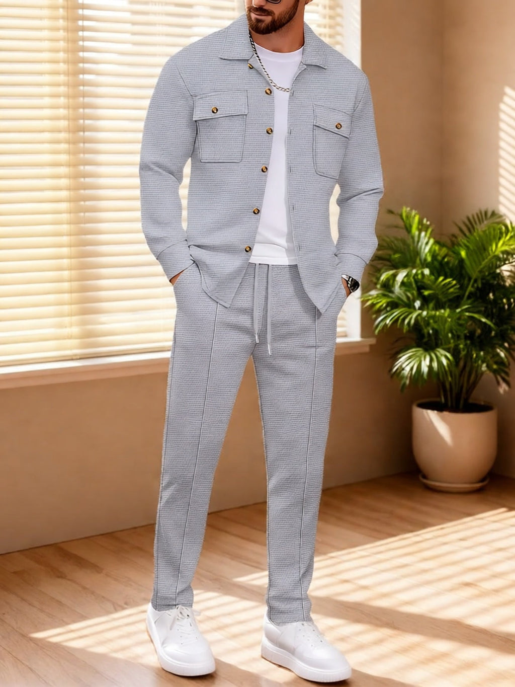 Waffle Knit Tracksuit Set Men's White Button Shirt Drawstring Trousers – Casual, Office, Holiday