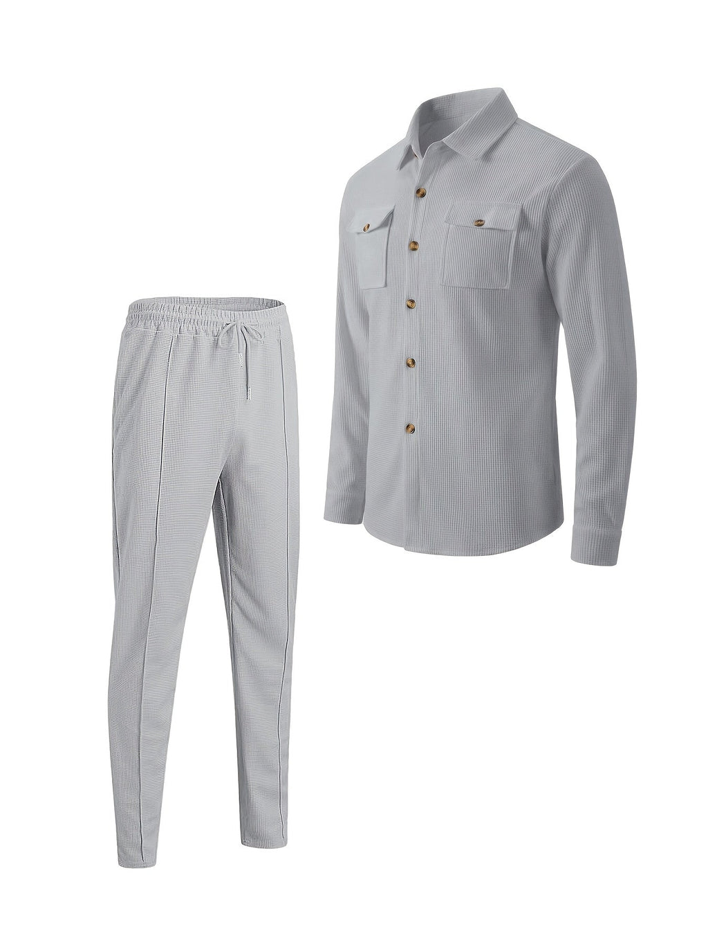 Waffle Knit Tracksuit Set Men's White Button Shirt Drawstring Trousers – Casual, Office, Holiday