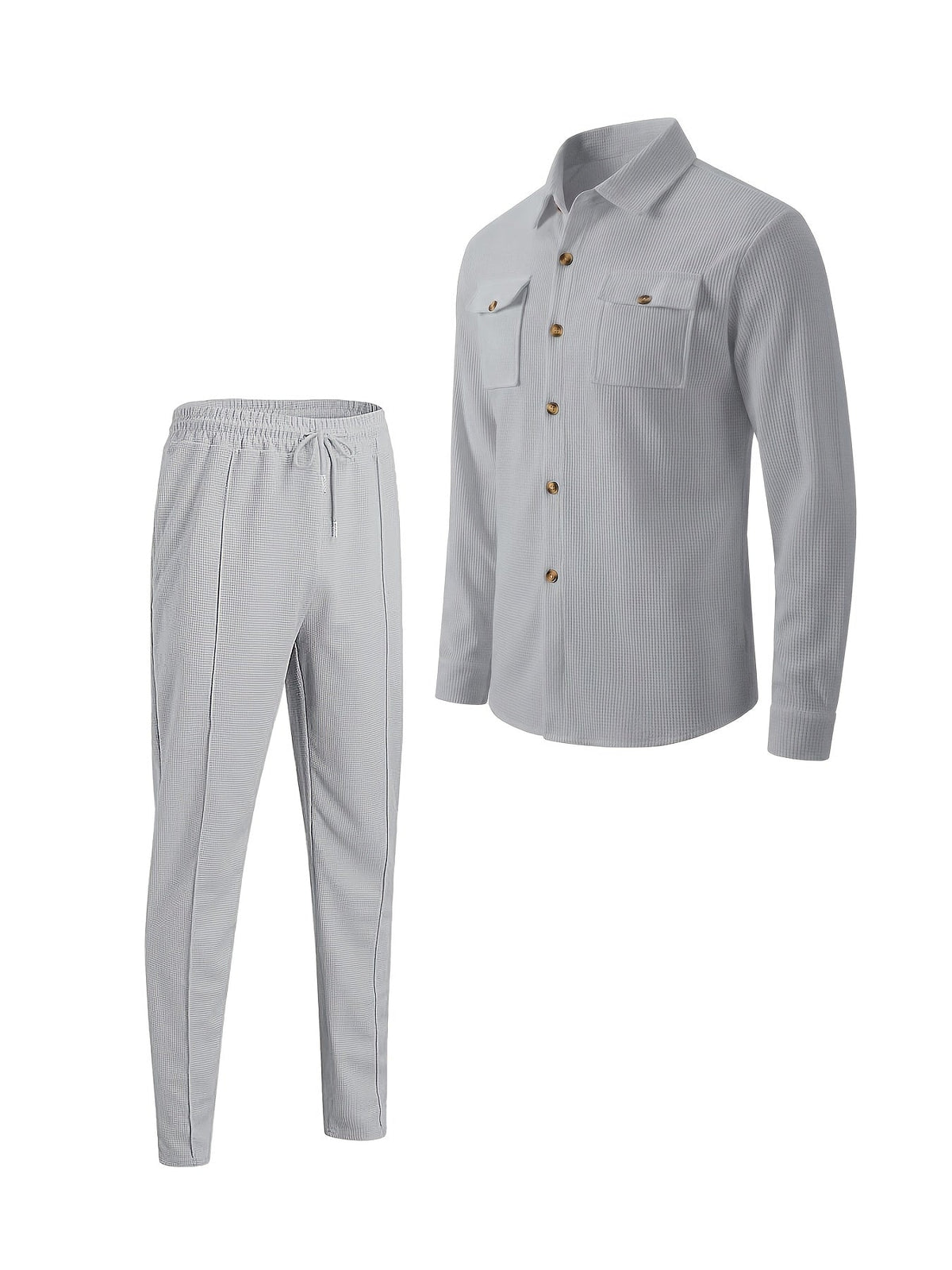 Waffle Knit Tracksuit Set Men's White Button Shirt Drawstring Trousers – Casual, Office, Holiday