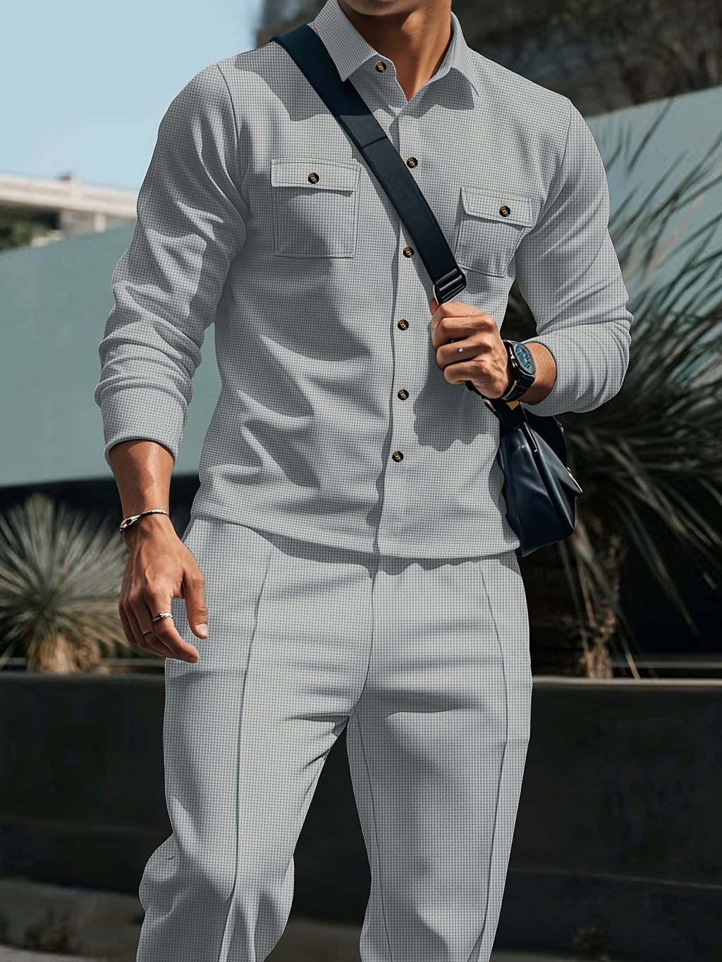 Waffle Knit Tracksuit Set Men's White Button Shirt Drawstring Trousers – Casual, Office, Holiday