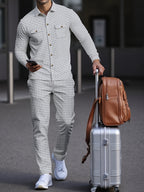 Waffle Knit Tracksuit Set Men's White Button Shirt Drawstring Trousers – Casual, Office, Holiday